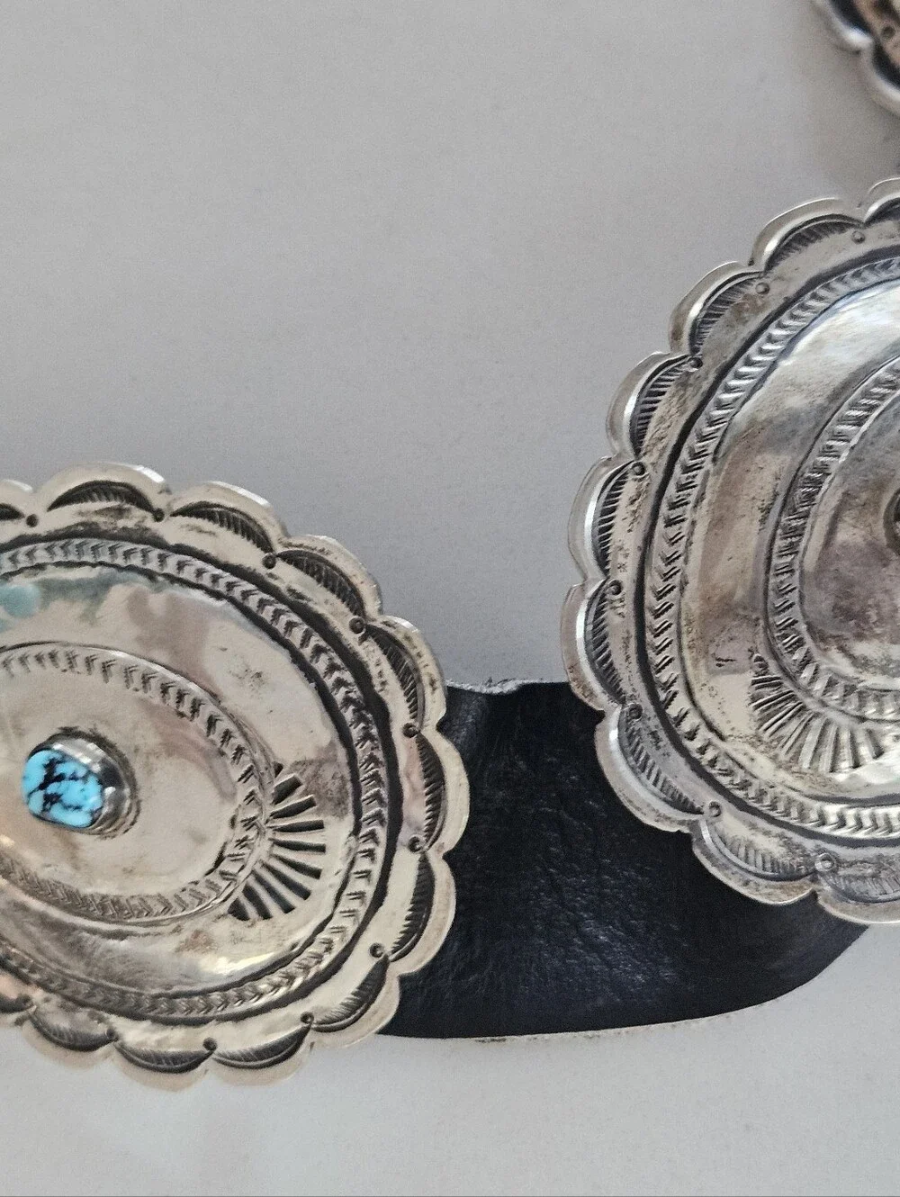Vintage Navajo Kingman Turquoise Accent Sterling Silver Concho Leather Belt 41